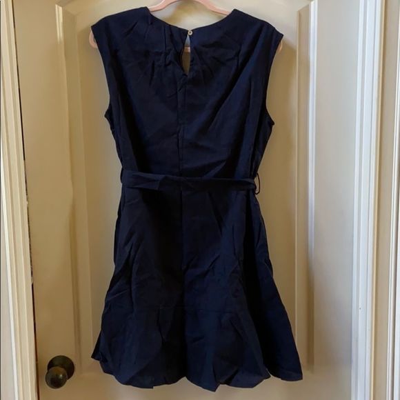 Navy Drop Shoulder V-Neck Dress Flounce Hem Sash - Picture 6 of 6